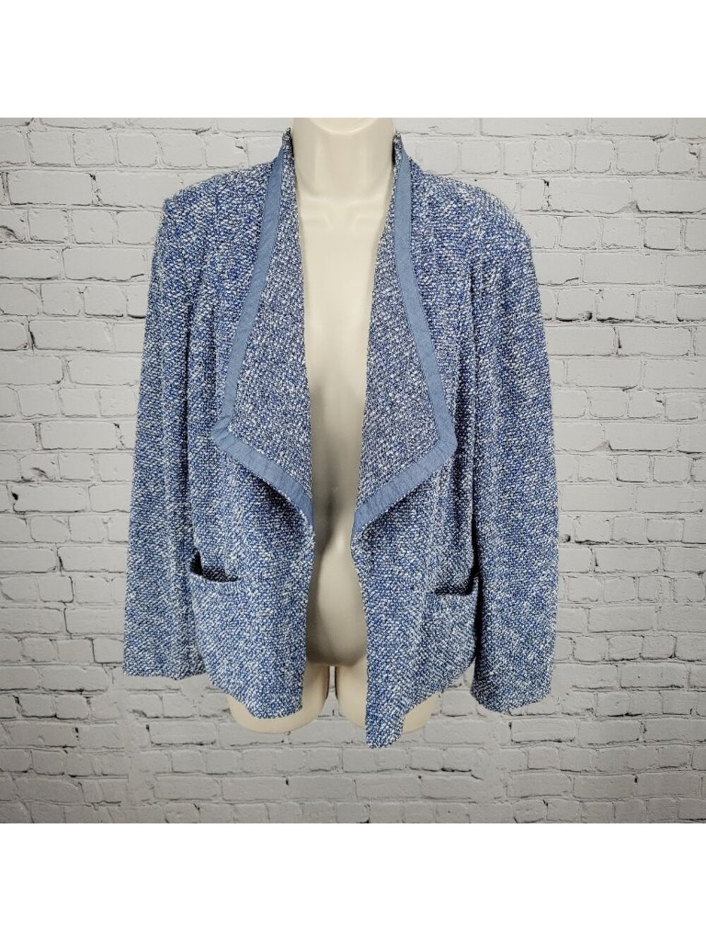 Talbots Blue Textured Open Long Sleeve Pockets Unlined Lapel Jacket Small S